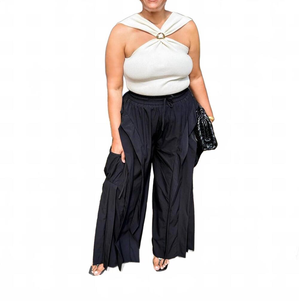 NEW LA' ROS ruffle cargo wide-leg pants in black